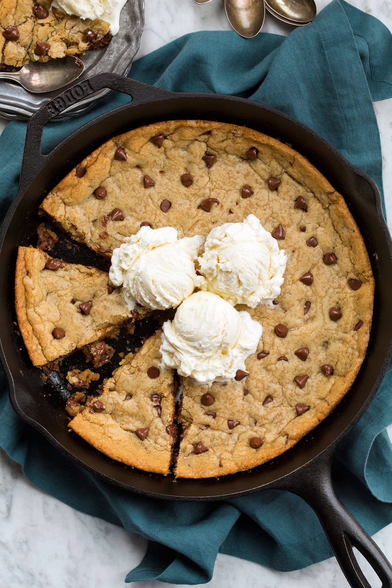 Skillet Chocolate Chip Cookie Overhead photo of chocolate chip cookie.