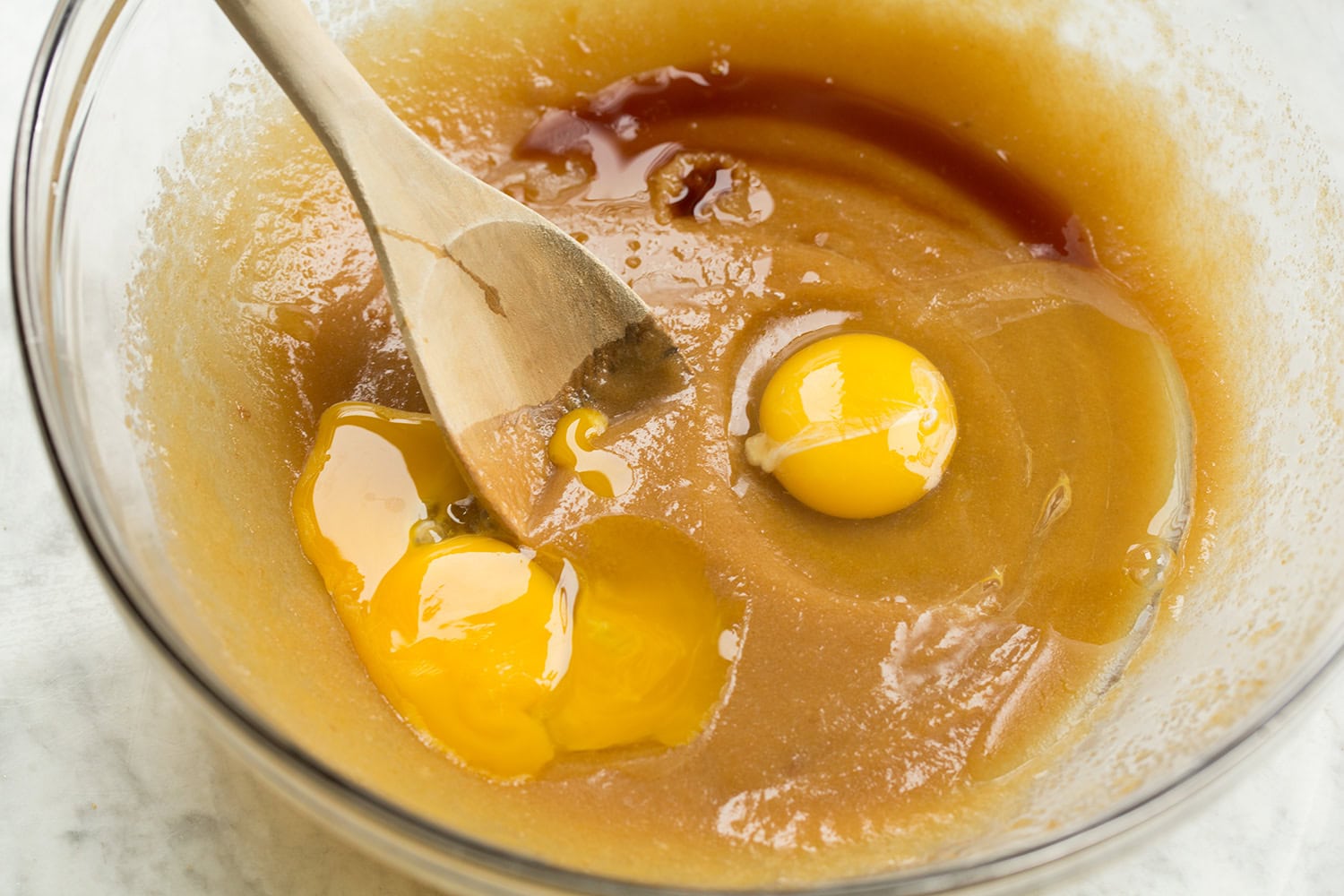 Skillet Chocolate Chip Cookie Eggs and vanilla added to sugar butter cookie mixture.