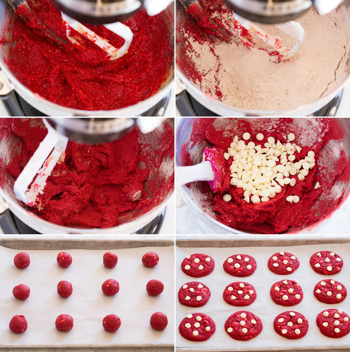 Red Velvet Cookies Collage of six images showing remaining steps of making red velvet cookie dough batter then shaping cookie dough into balls and placing on baking sheet.