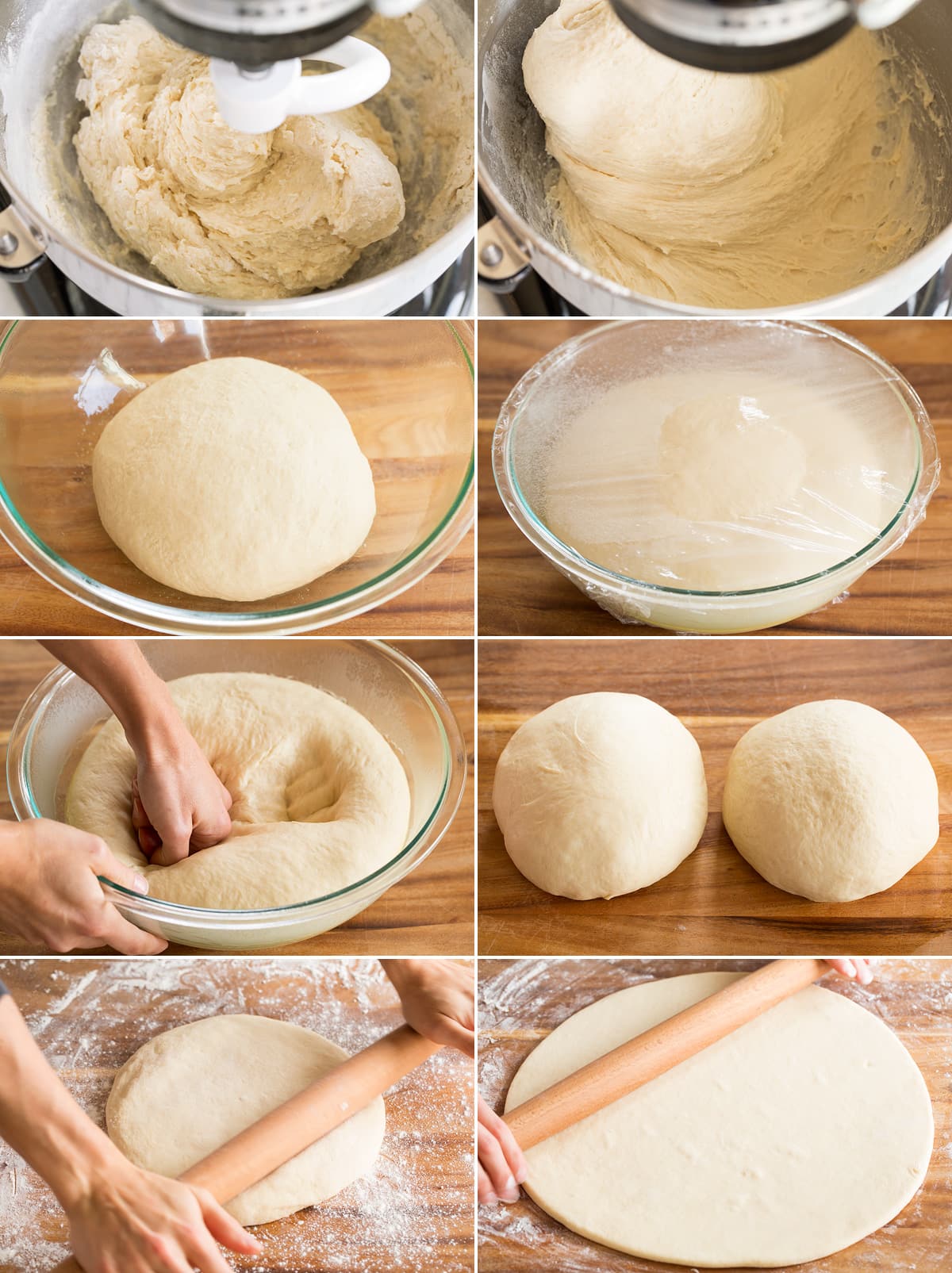 Best Dinner Rolls Collage of eight images showing next steps of preparing dinner rolls. Includes kneading dough until combined then until nearly smooth. Then rising dough in a bowl, punching dough down. Dividing into two portions and rolling portions into a round.