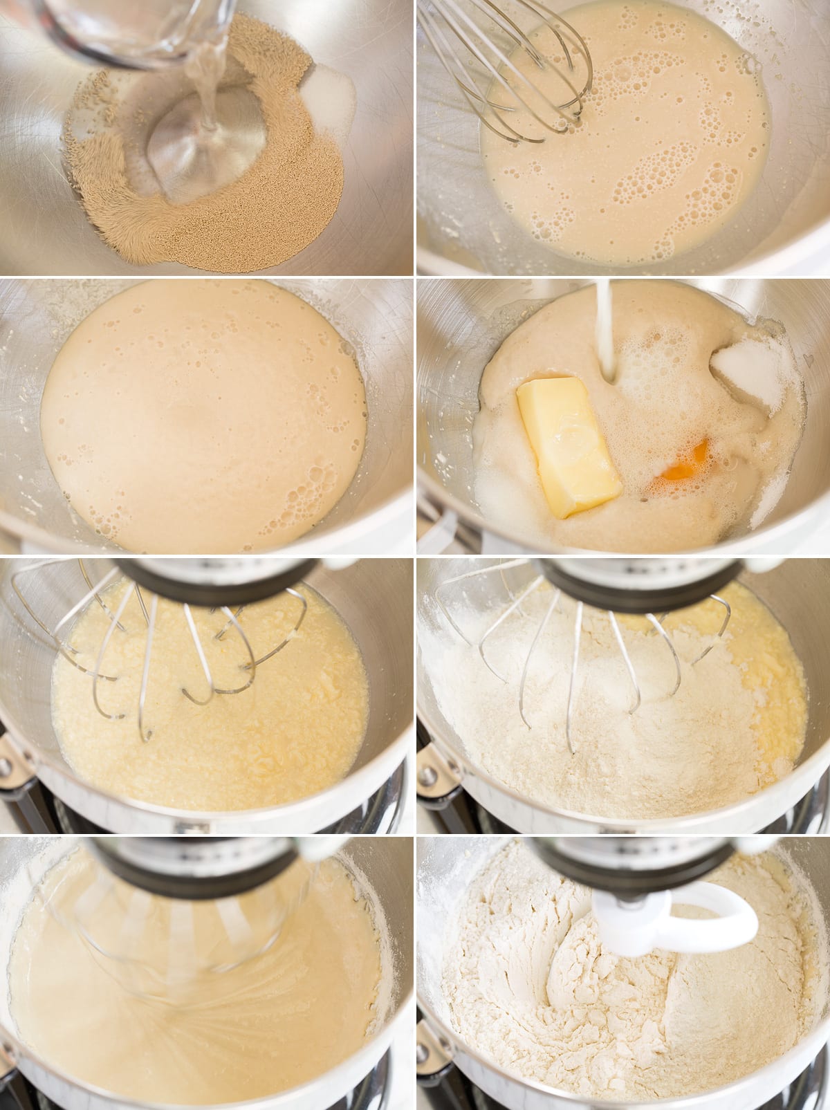 Best Dinner Rolls Collage of eight images showing first eight steps to making homemade dinner rolls. Includes proofing yeast in a mixer bowl, adding wet ingredients and mixing then add half the flour and mixing.