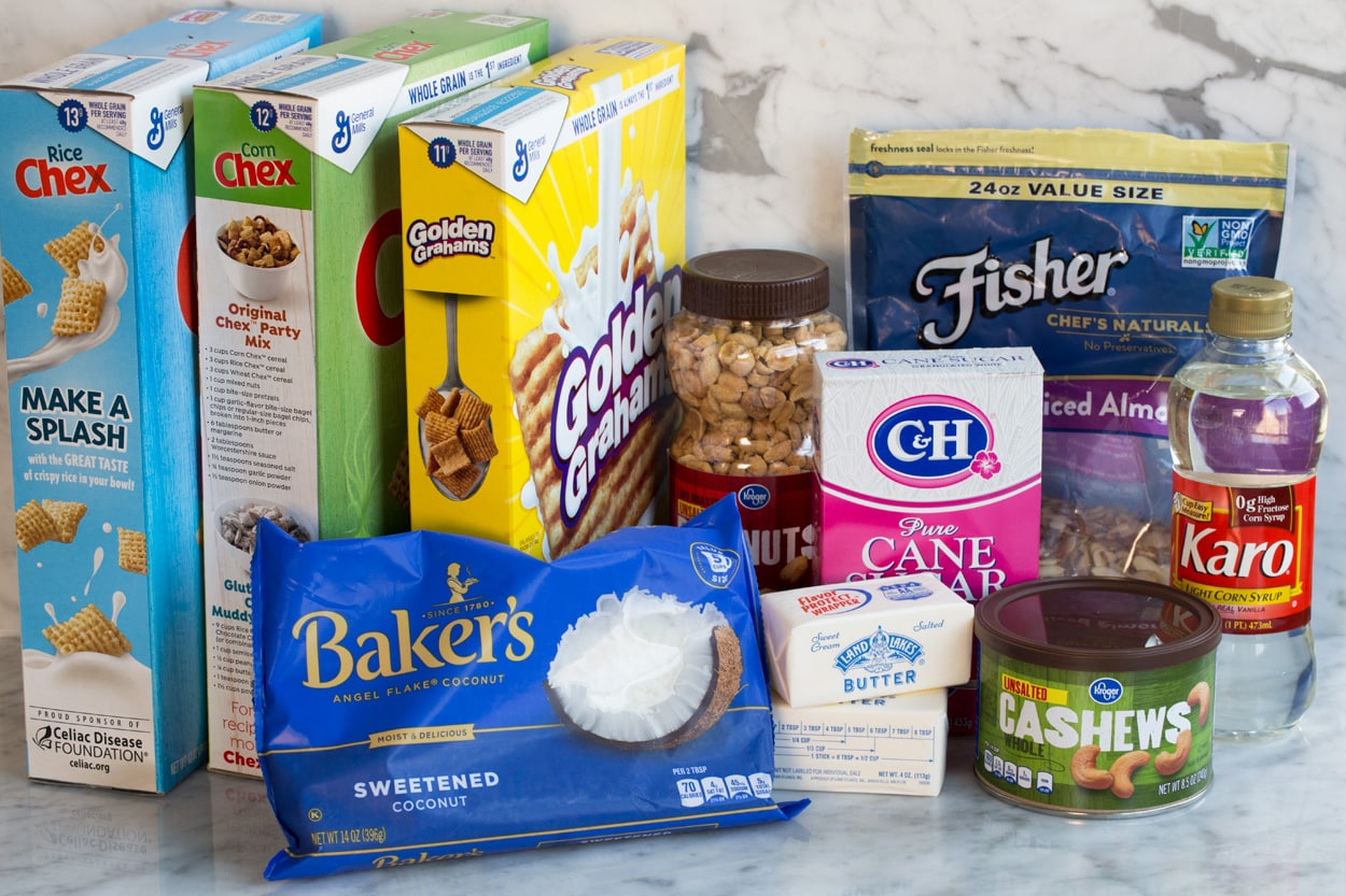 Sweet Holiday Chex Mix Ingredients needed for chex mix shown here.