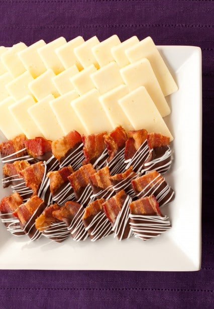 chocolate covered bacon bites and cheddar cheese