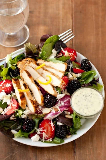 salad with berries, lemon chicken, feta, poppy seed dressing