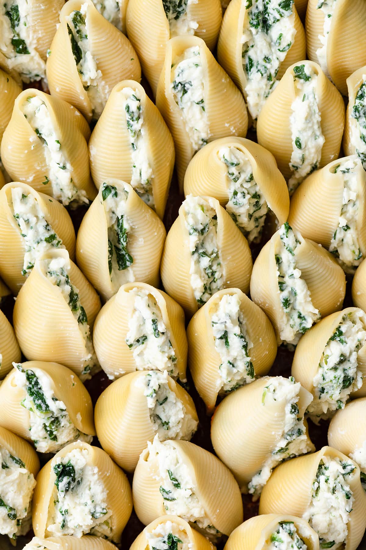 Spinach and Cheese Stuffed Shells Showing how to make stuffed shells. Filling cooked shells with cheese and aligning them into baking dish.