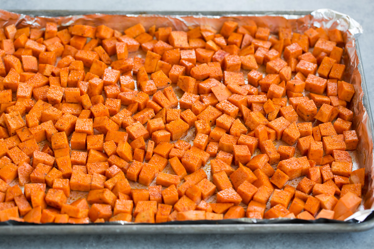 Sweet Potato and Black Bean Tacos Diced, spiced sweet potatoes on baking sheet before roasting in oven.