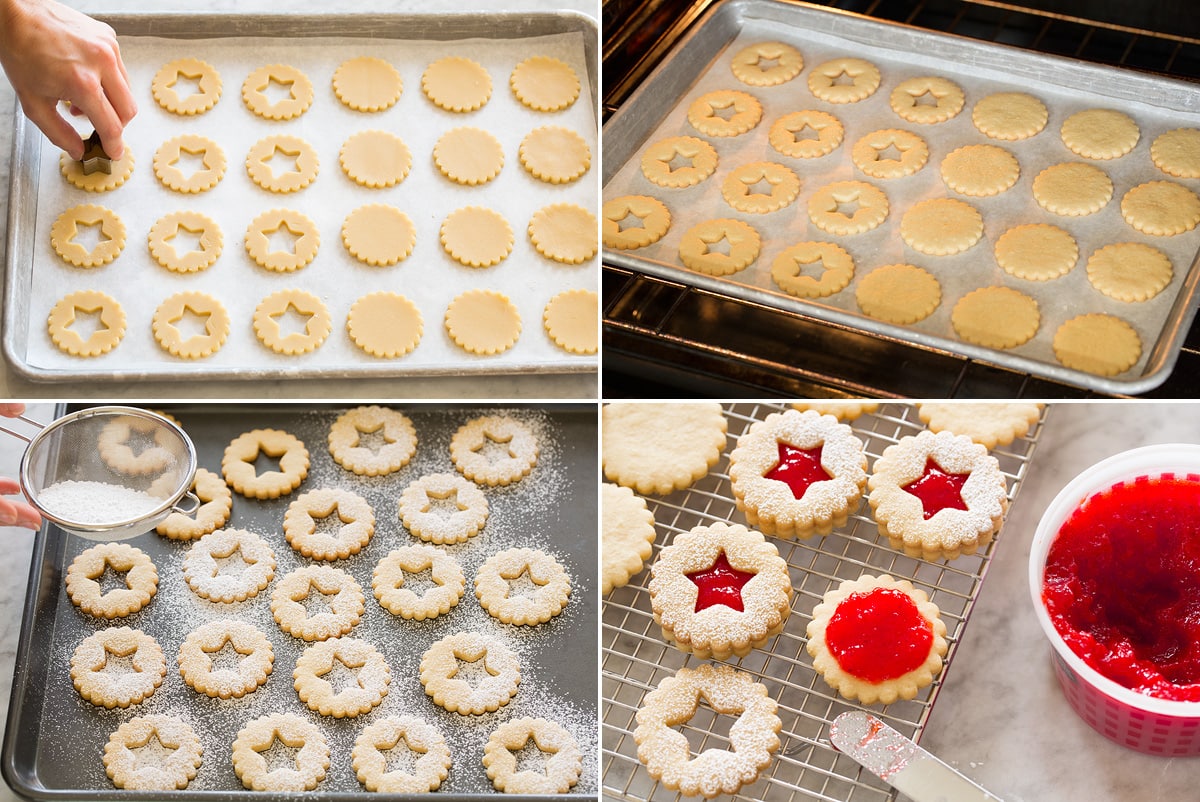 Linzer Cookies Collage of four photos showing how to back linzer cookies on cookie sheets, then finish with powdered sugar on top and jam in centers.