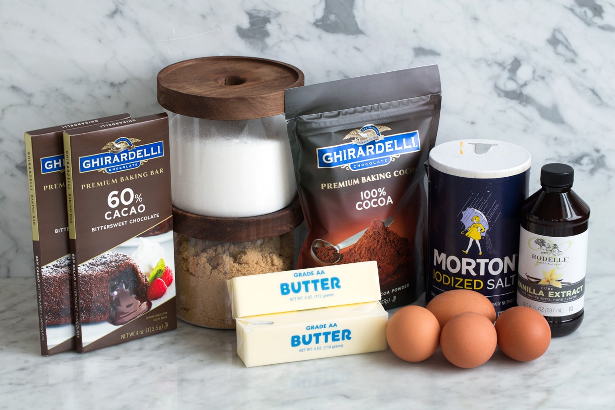 The Best Flourless Chocolate Cake! Ingredients needed to make chocolate cake shown here.