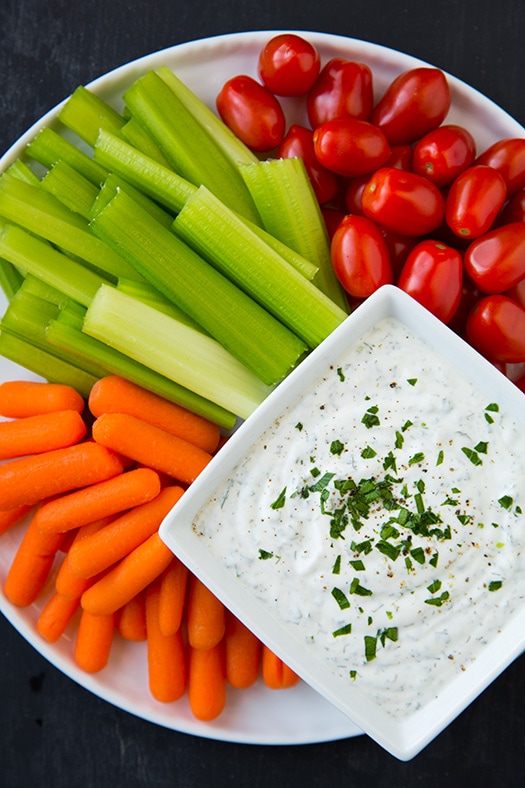 Greek Yogurt Ranch Dip in bowl on vegetable plate
