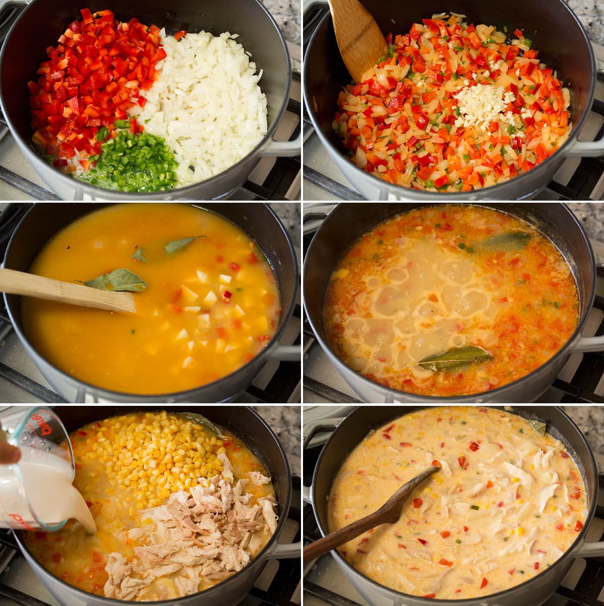 Creamy Chicken Corn Chowder Collage of photos showing how to make creamy chicken corn chowder on the stovetop.