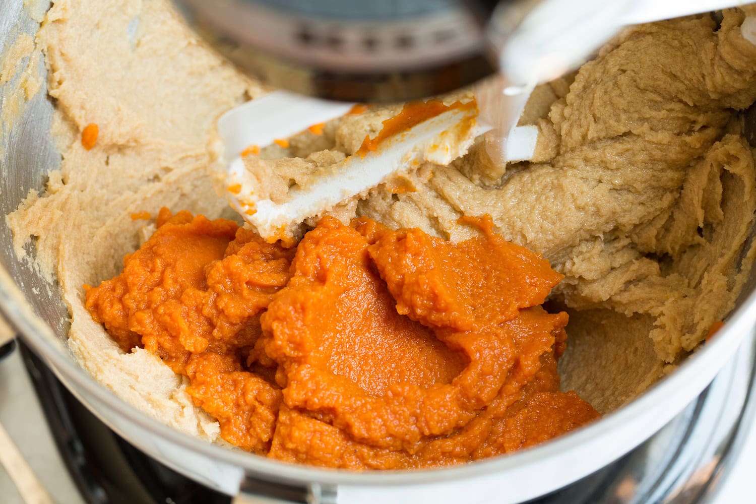 Pumpkin Oatmeal Chocolate Chip Cookies Pumpkin added to butter mixture.