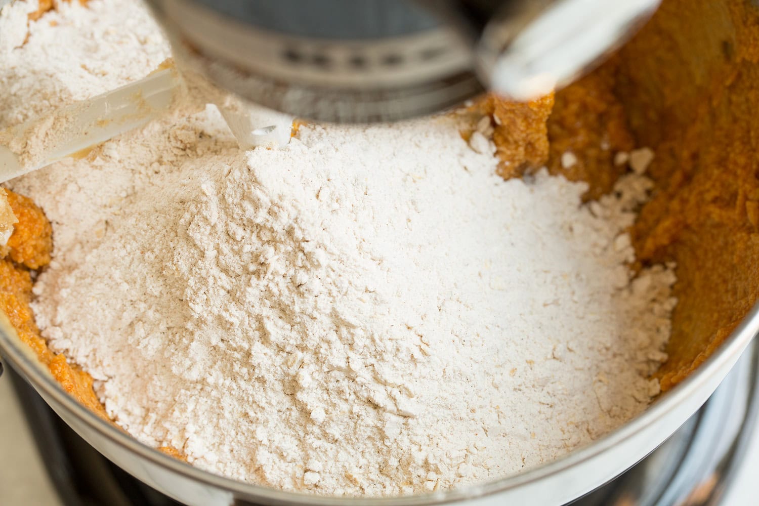 Pumpkin Oatmeal Chocolate Chip Cookies Flour added to stand mixer.