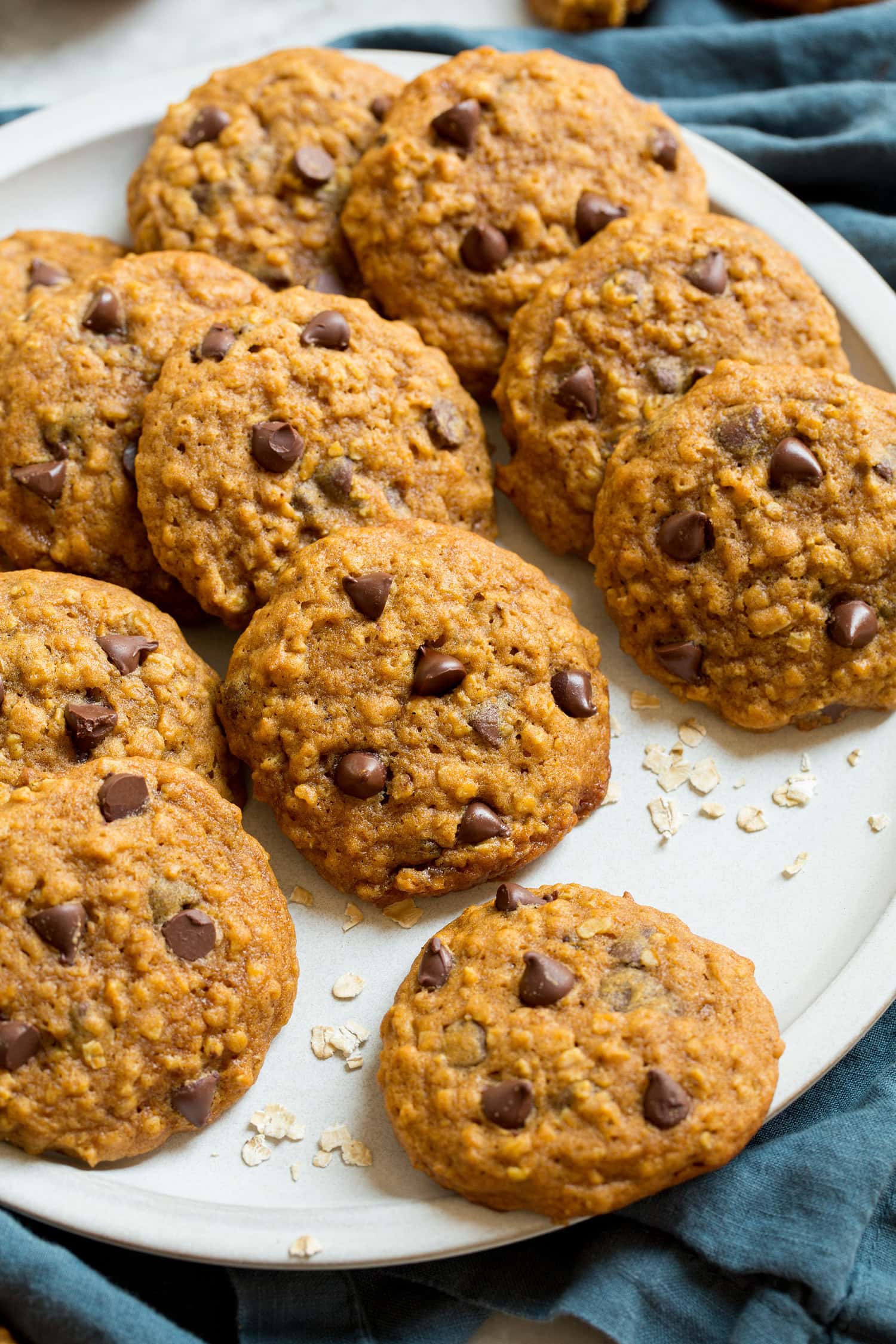 Pumpkin Oatmeal Chocolate Chip Cookies Close up photo of pumpkin oatmeal cookies showing texture.