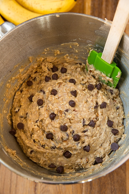 Banana Oatmeal Chocolate Chip Cookie dough in metal bowl