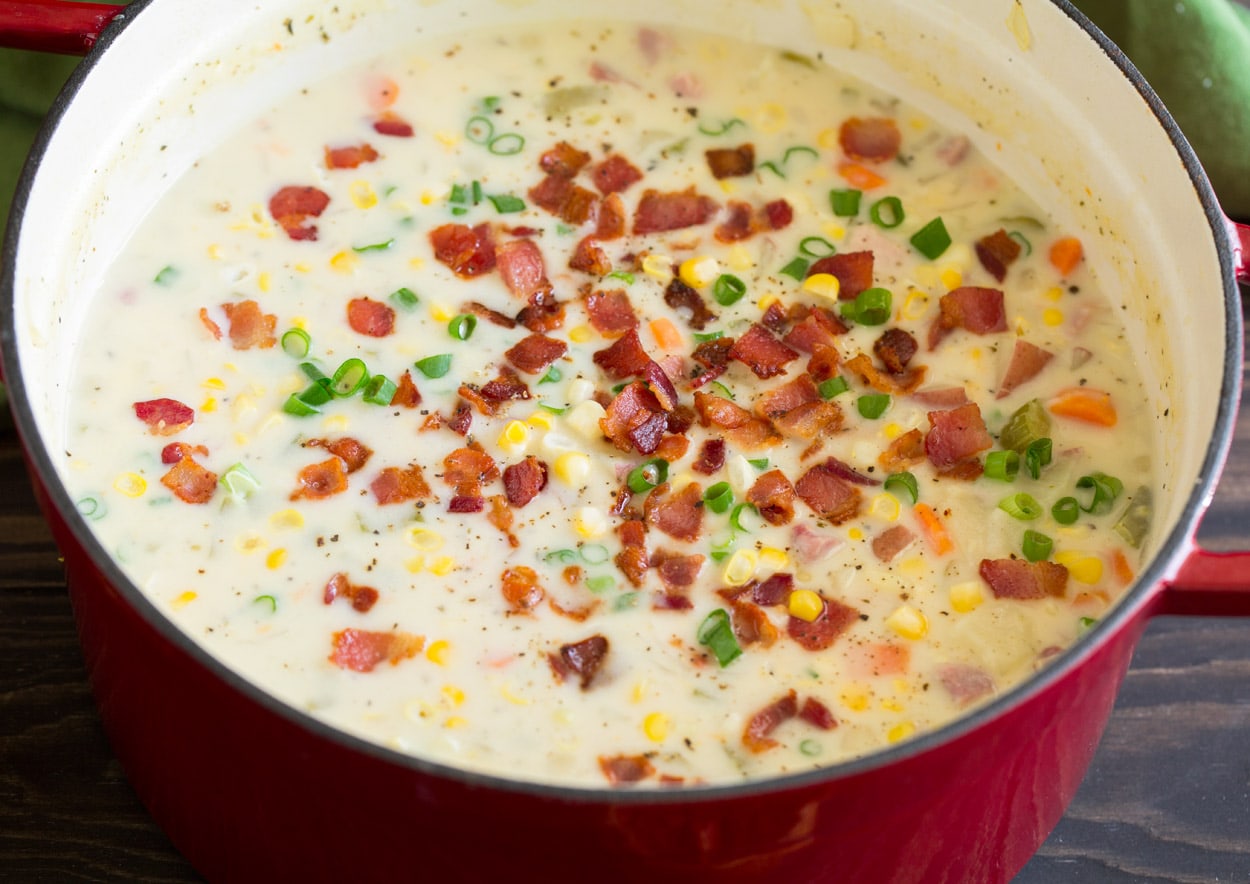Creamy Ham Potato Corn Chowder finished soup in pot