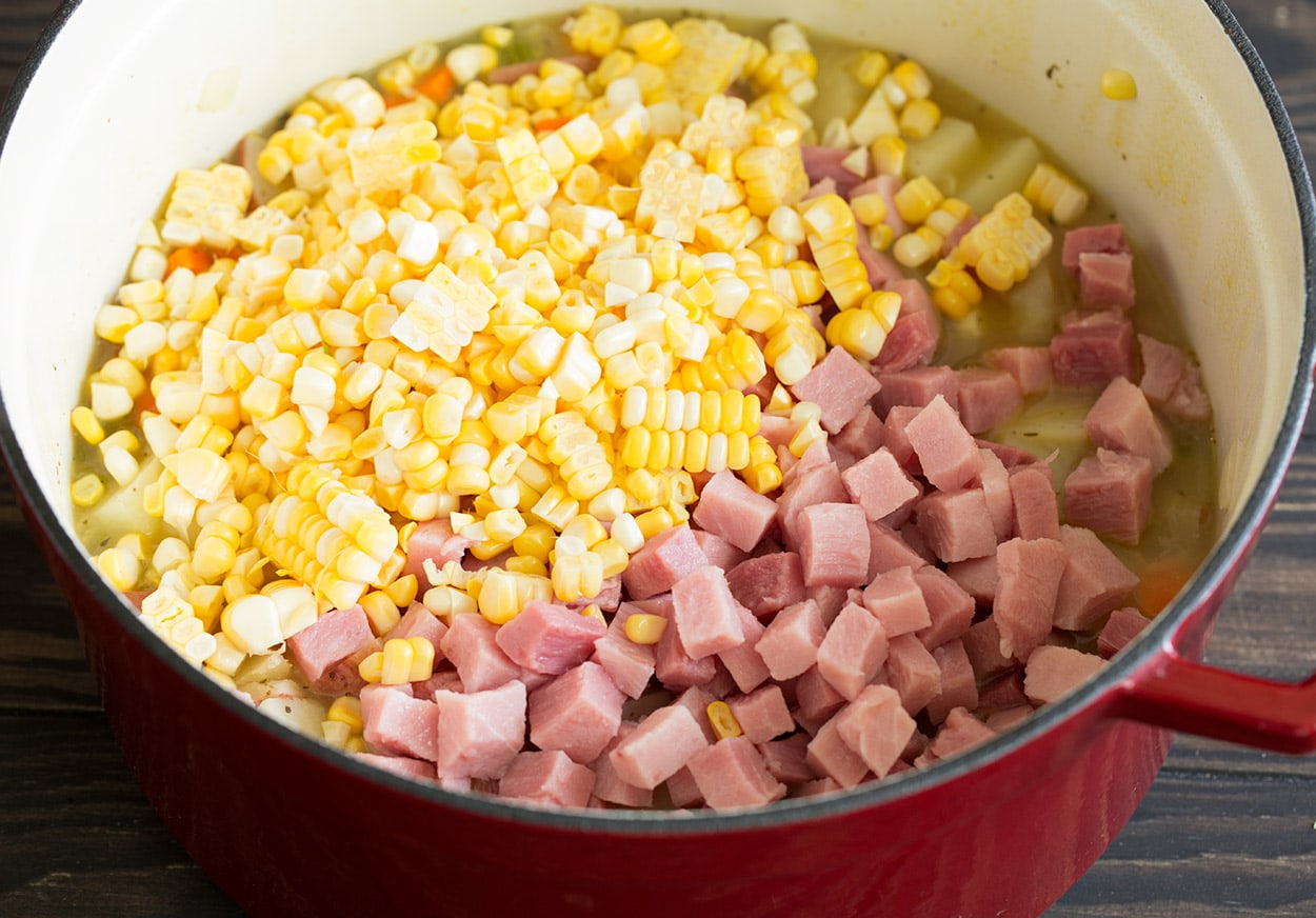 Creamy Ham Potato Corn Chowder adding ham corn