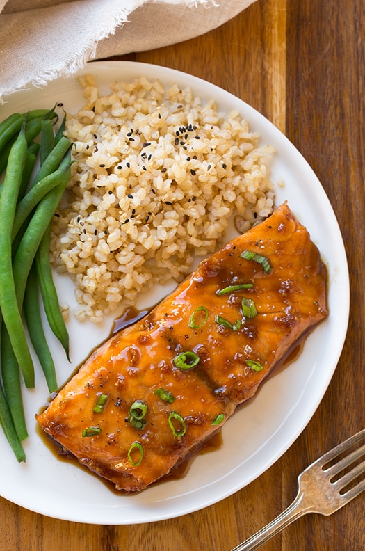 soy maple glazed salmon with green beans and brown rice