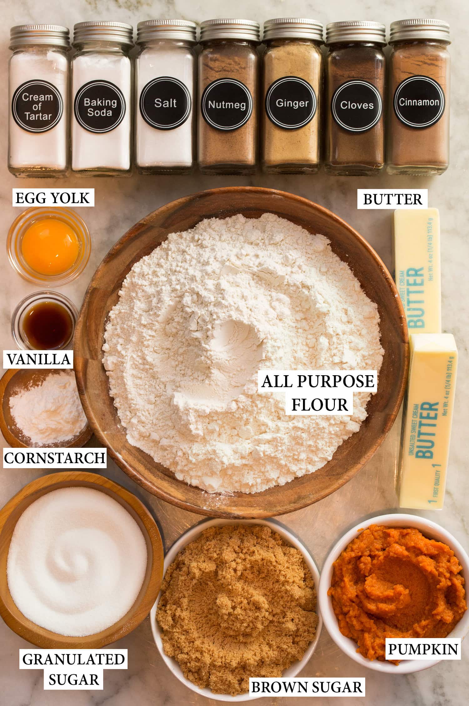 Pumpkin Snickerdoodles Pumpkin snickerdoodle cookie ingredients used to make them shown.