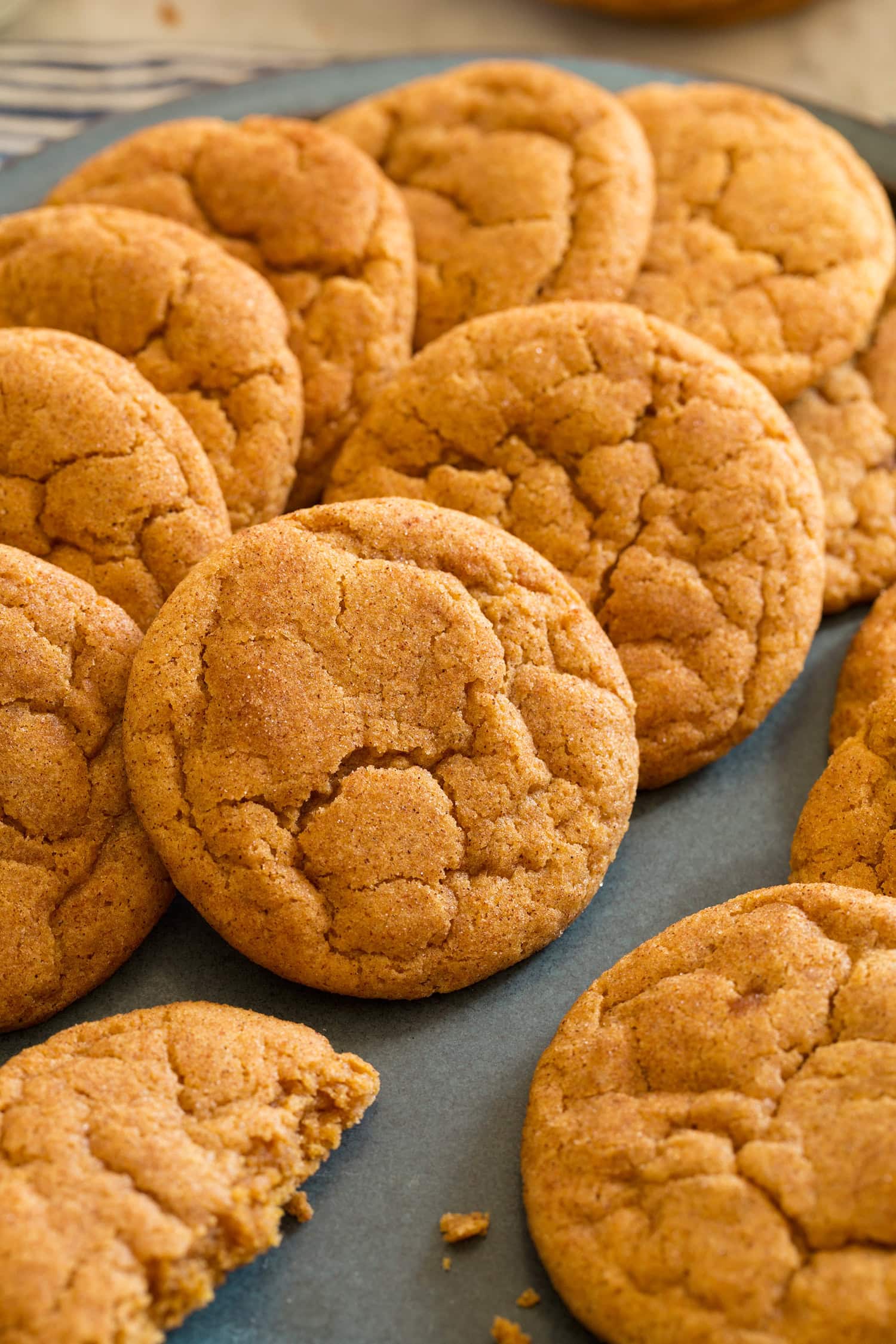 Pumpkin Snickerdoodles Close up photo of pumpkin snickerdoodle cookies.