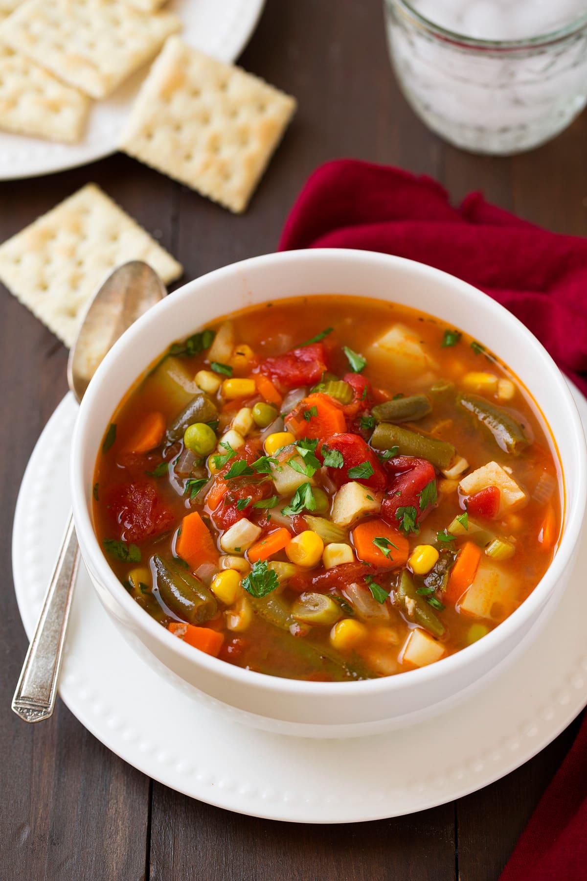 Best Easy Vegetable Soup! Single serving of healthy vegetable soup in a white bowl set over a white plate. Set on a dark wooden table with a red napkin to the side.