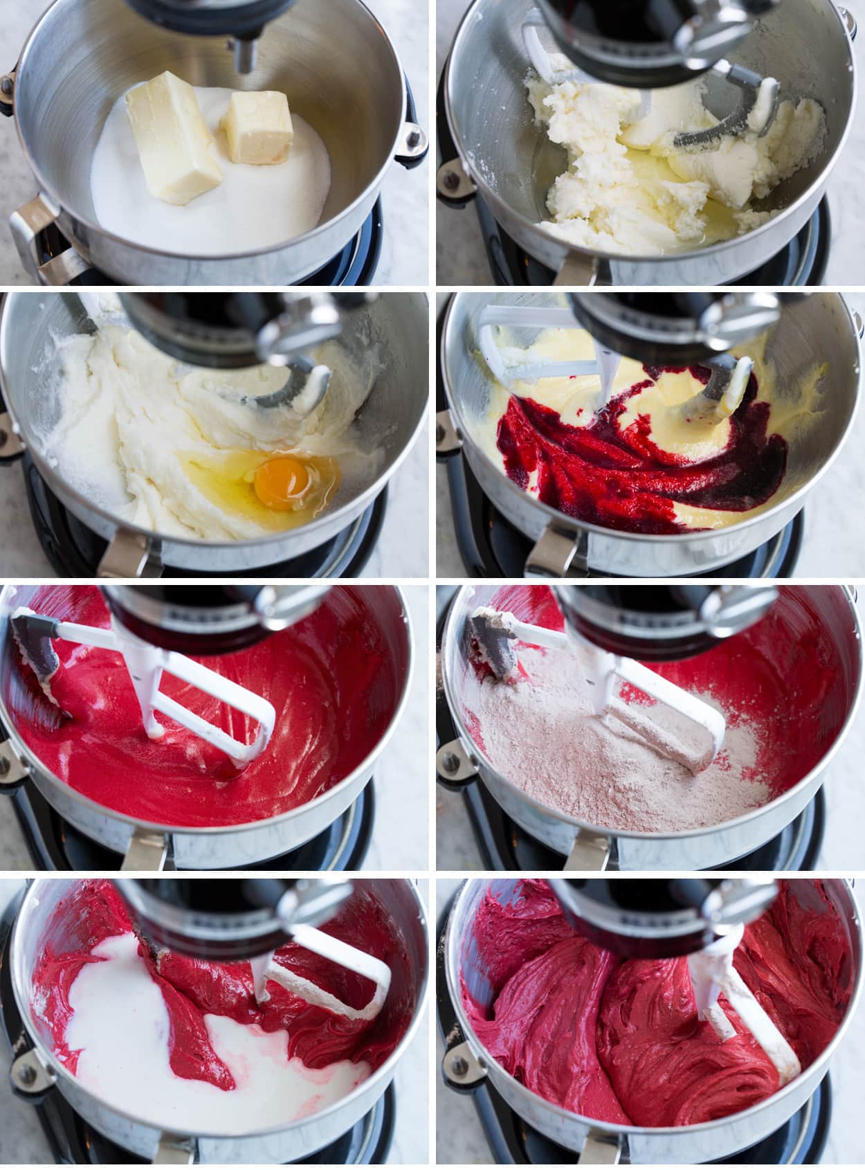 The BEST Red Velvet Cake! Soft, moist and perfectly fluffy! Collage of eight images showing how to make red velvet cake batter in a stand mixer.