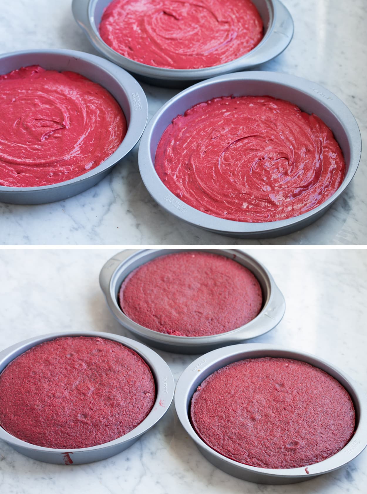 The BEST Red Velvet Cake! Soft, moist and perfectly fluffy! Red Velvet Cake batter in three pans shown before baking then lower image showing cakes after baking.