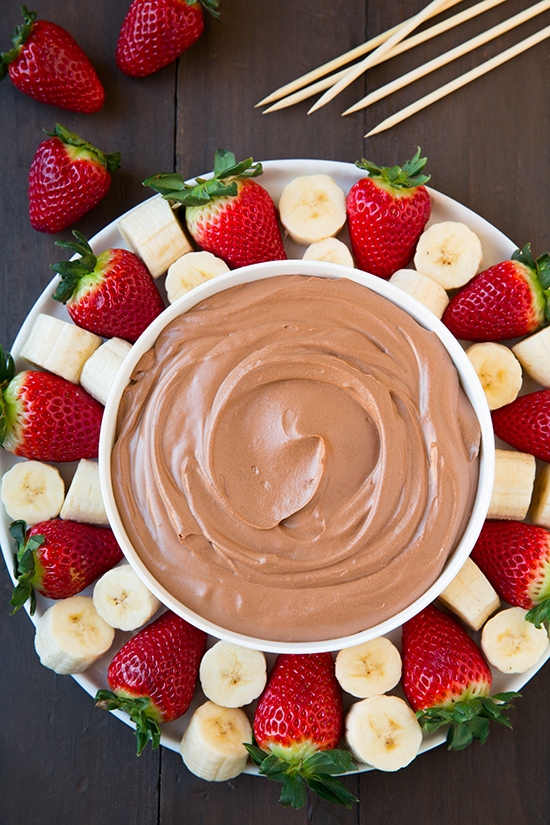 Chocolate Fruit Dip | Cooking Classy Chocolate Fruit Dip shown here on a white serving platter paired with strawberries and bananas