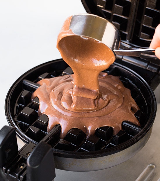 Brownie batter in a waffle iron