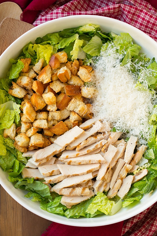 Chicken Caesar Salad with Garlic Croutons and Light Caesar Dressing | Cooking Classy Chicken Caesar Salad Ingredients in Bowl