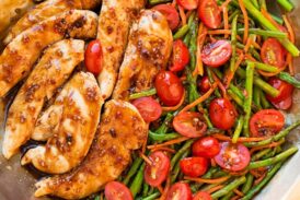 An overhead shot of balsamic chicken in a pan
