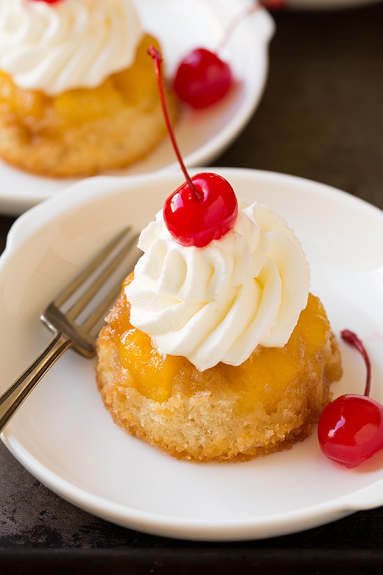 Pineapple Upside Down Cupcakes | Cooking Classy Individual Pineapple Upside Down Cakes on Plate