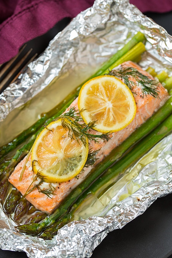 Baked Salmon and Asparagus in Foil Image of baked salmon in foil.