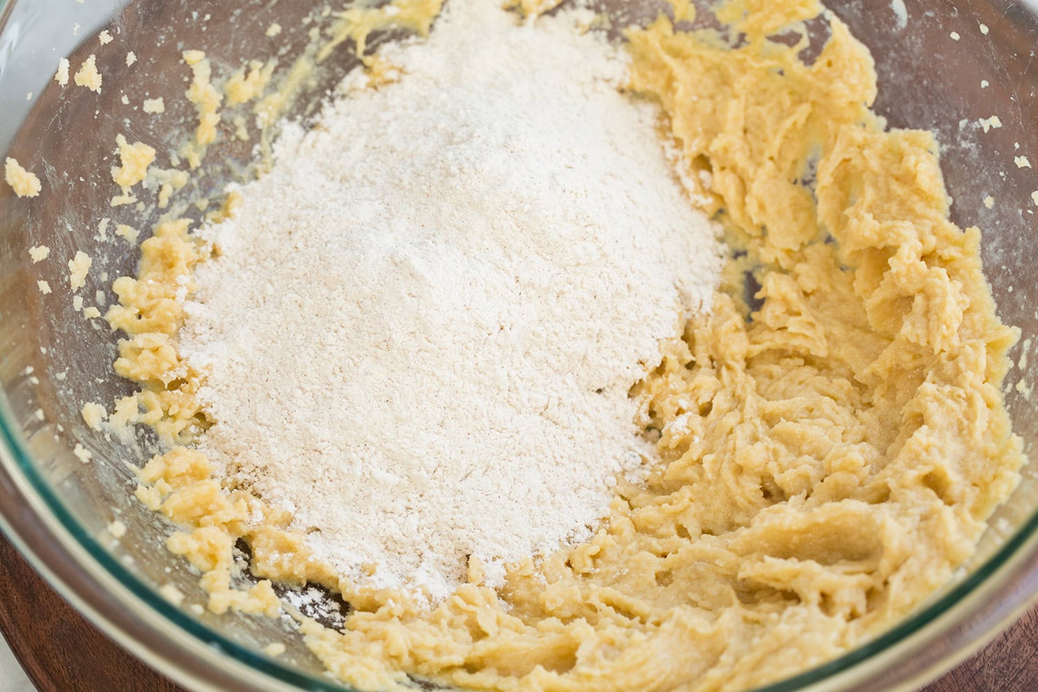 Flour mixture added to butter sugar mixture.