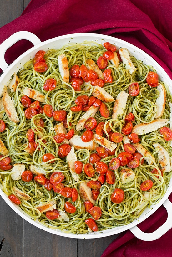 Pesto Spaghetti with Roasted Tomatoes and Grilled Chicken | Cooking Classy