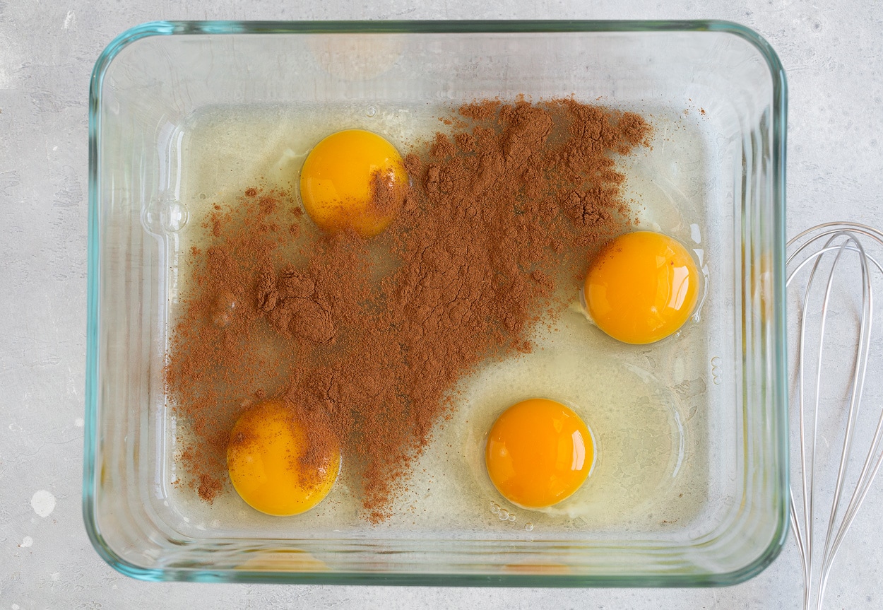 French Toast Showing how to make french toast. Whisking eggs and cinnamon in shallow dish.