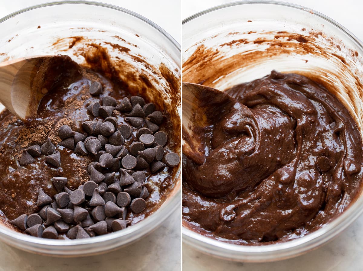 Small Batch Brownies Chocolate chips added to brownie batter on left side and finished brownie batter on right side.