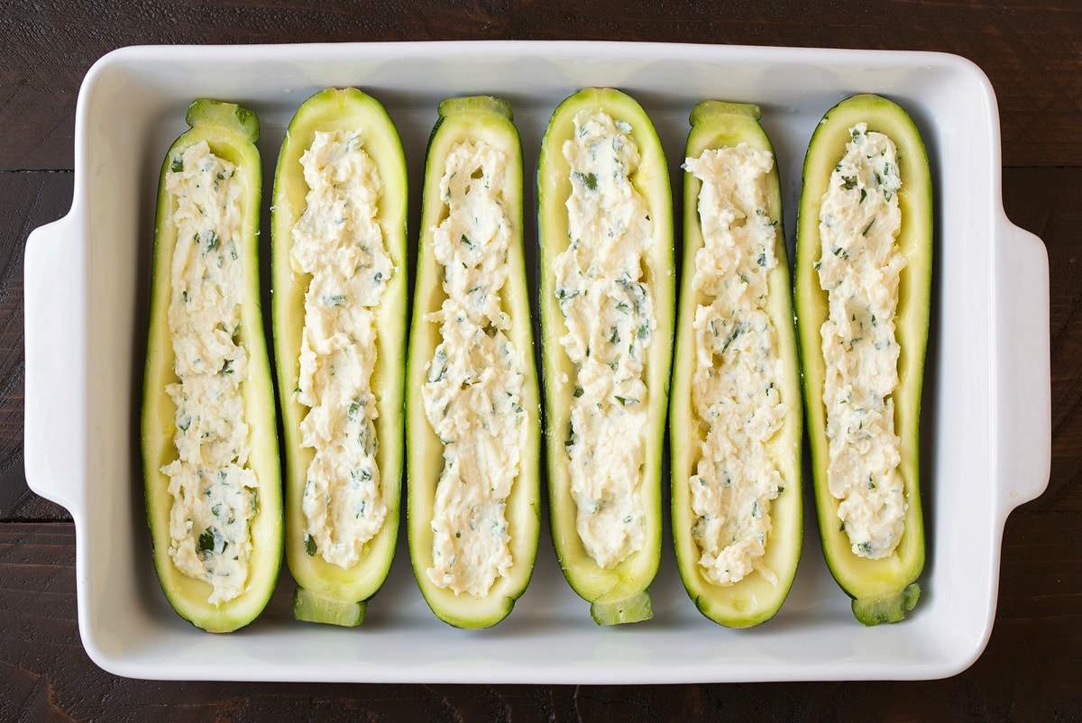 Lasagna Zucchini Boats Cheese mixture layered into lasagna zucchini boats.