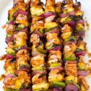 Hawaiian chicken kebabs on a plate