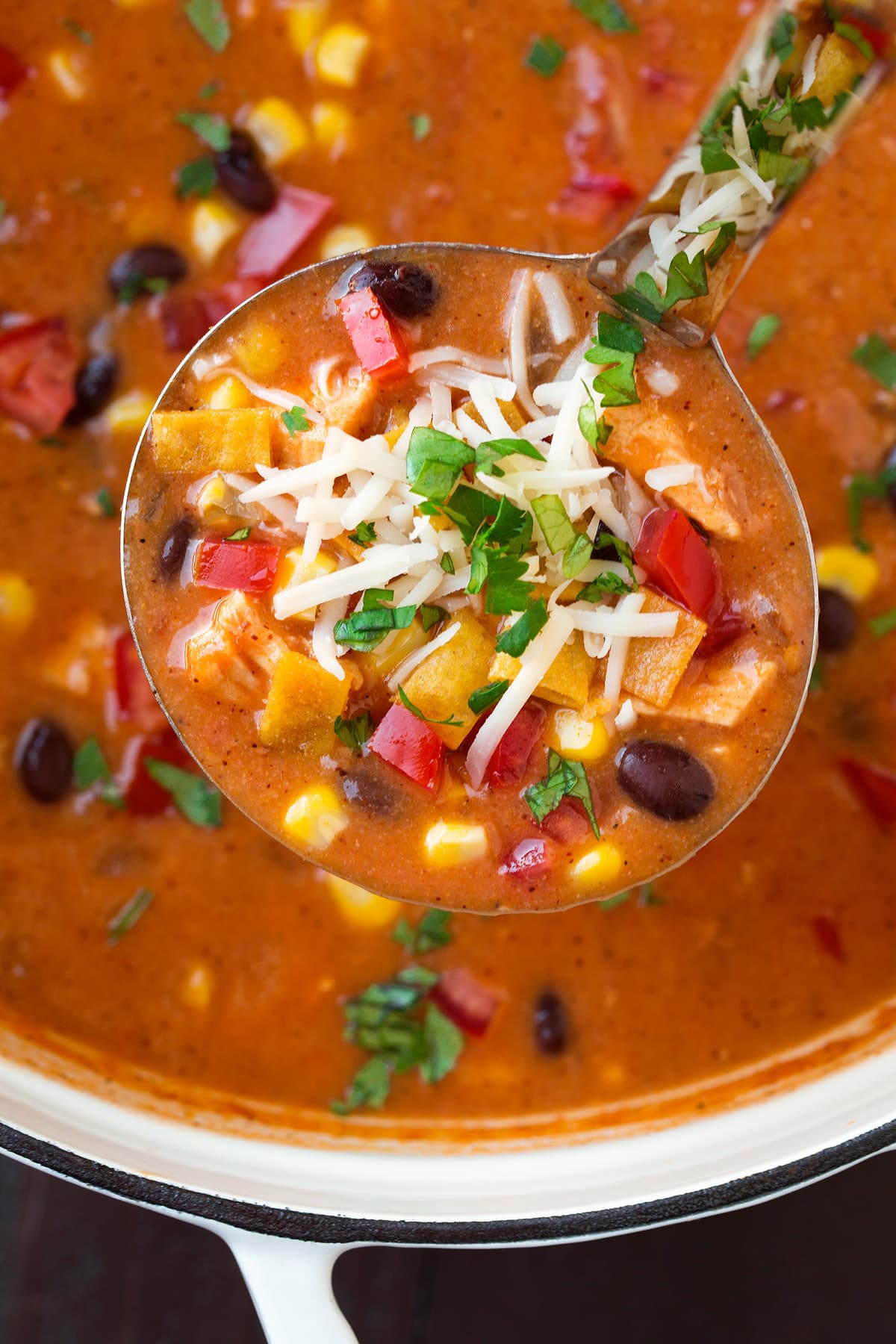 Cheesy Chicken Enchilada Soup Ladle full of chicken enchilada soup with toppings.