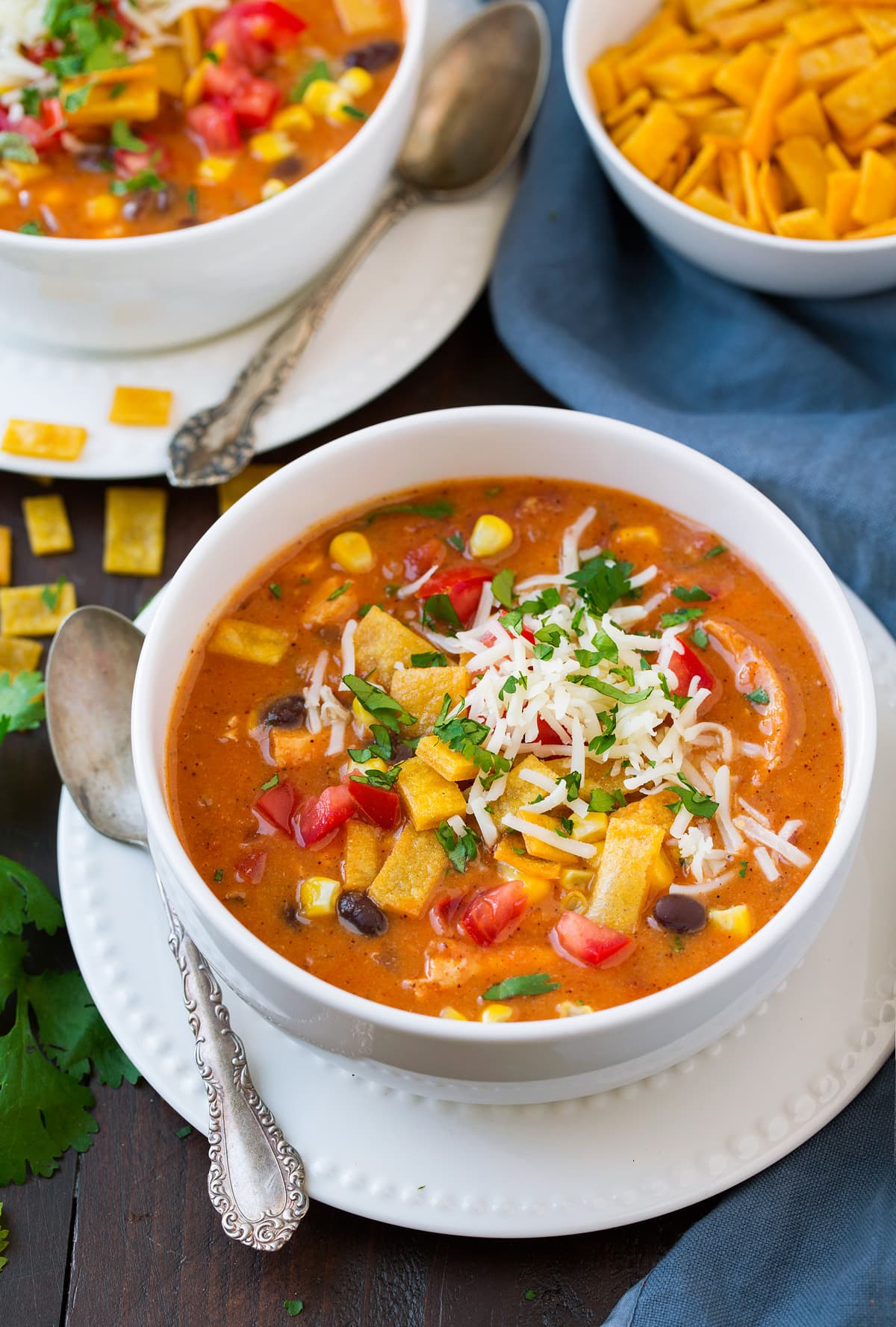 Cheesy Chicken Enchilada Soup Single serving of cheesy chicken enchilada soup in a bowl.