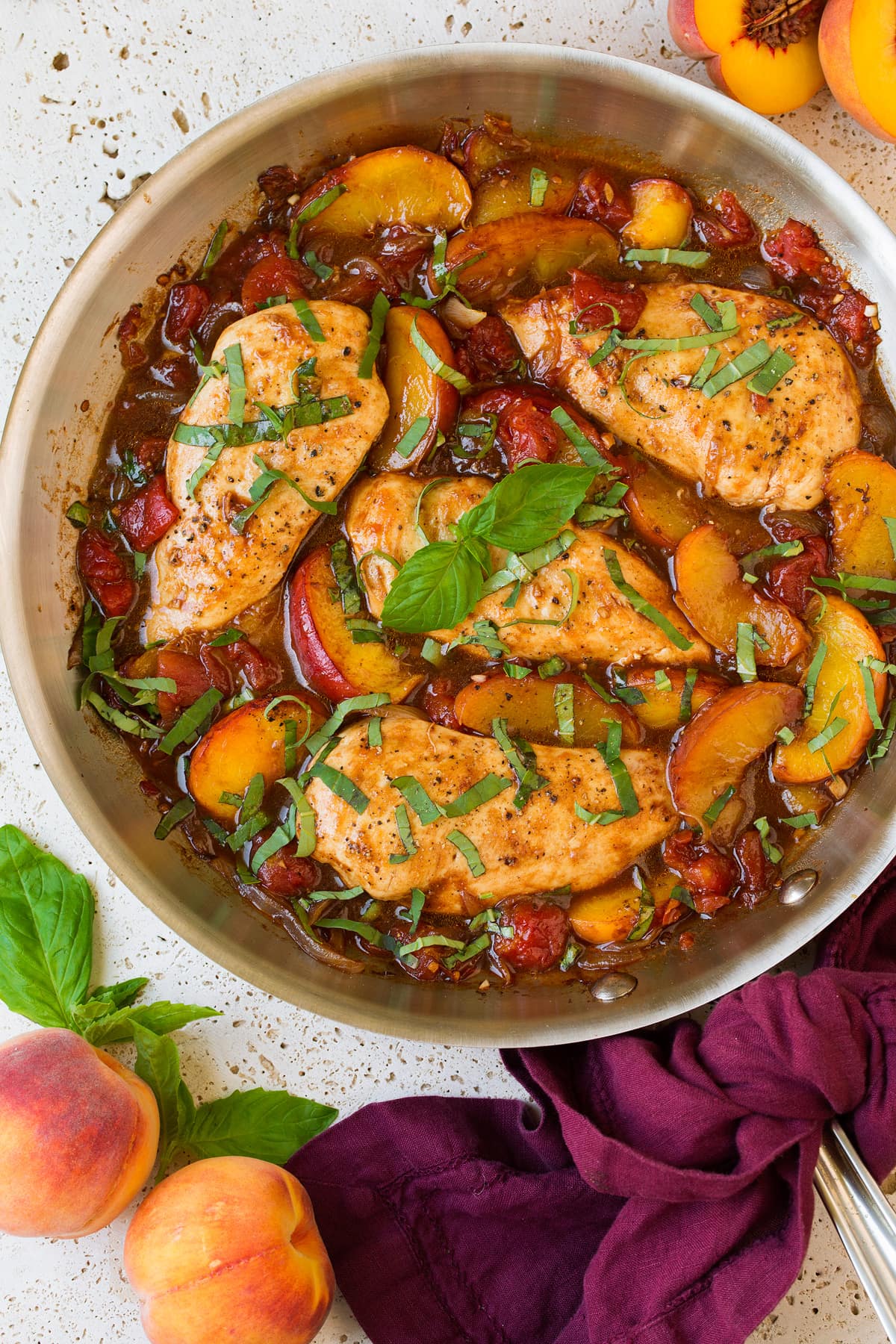 Peach Chicken with Balsamic Peach chicken in a skillet.