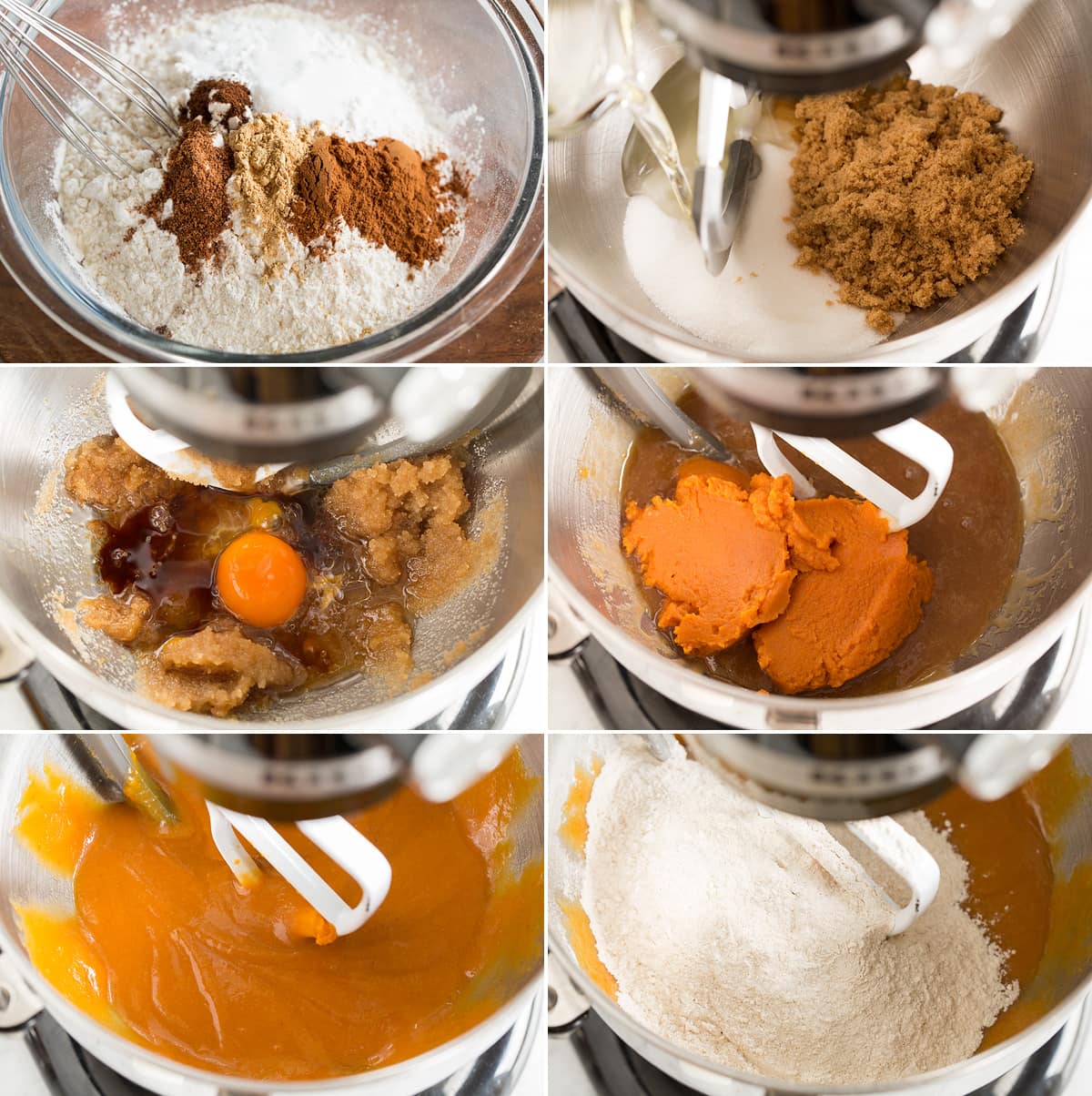 Pumpkin Chocolate Chip Cookies Collage of six images showing how to make pumpkin chocolate chip cookie batter. Shows mixing flour and spices, mixing sugar and oils, blending in egg then pumpkin and mixing in flour mixture with wet mixture.