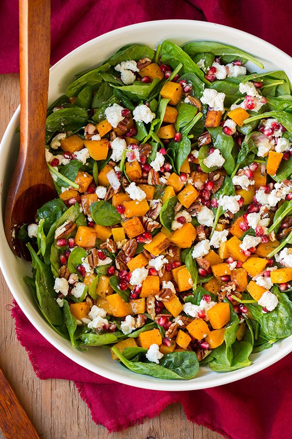 Butternut Squash, Pomegranate and Goat Cheese Spinach Salad with Red Wine Vinaigrette | Cooking Classy