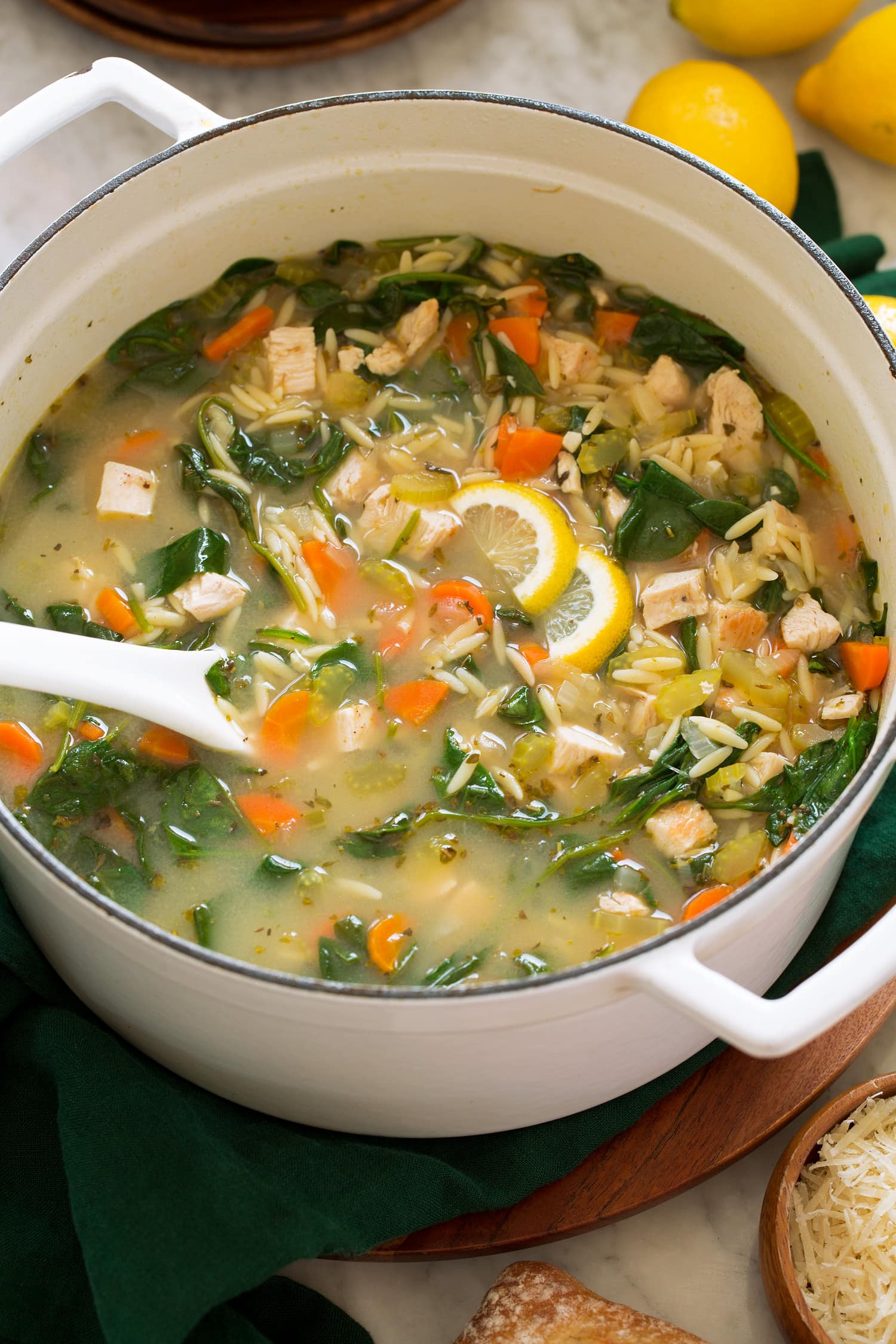 Lemon Chicken Orzo Soup Pot full of chicken lemon orzo soup.