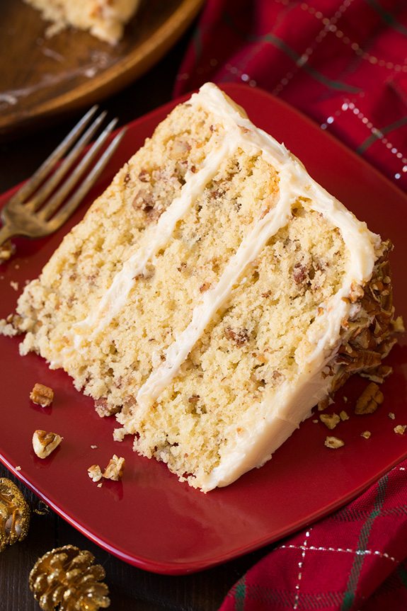 Butter Pecan Cake Butter Pecan Cake slice on a red plate.