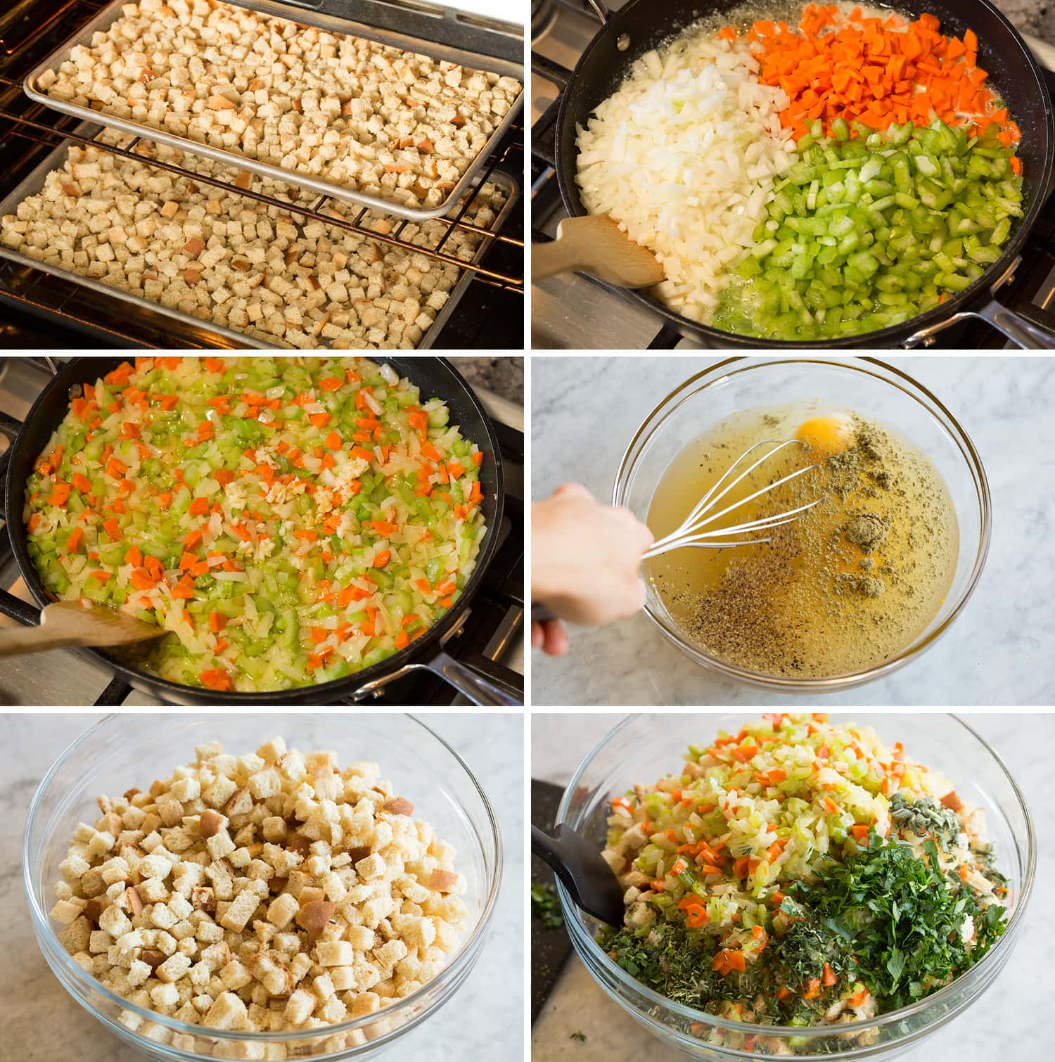 Crockpot Stuffing Collage of six photos showing steps of drying bread cubes and sautéing vegetables for stuffing.