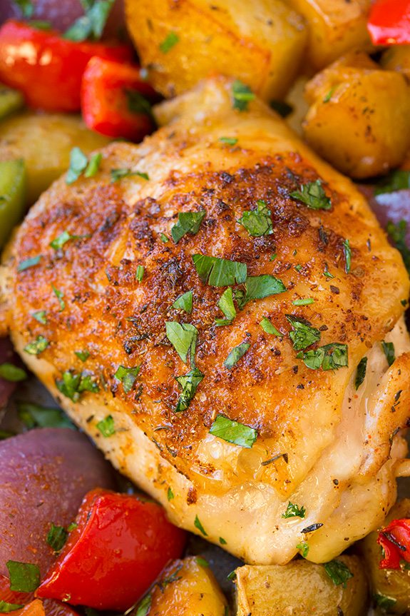 One Pan Cajun Chicken and Vegetables Close up image of seasoned baked cajun chicken thigh.
