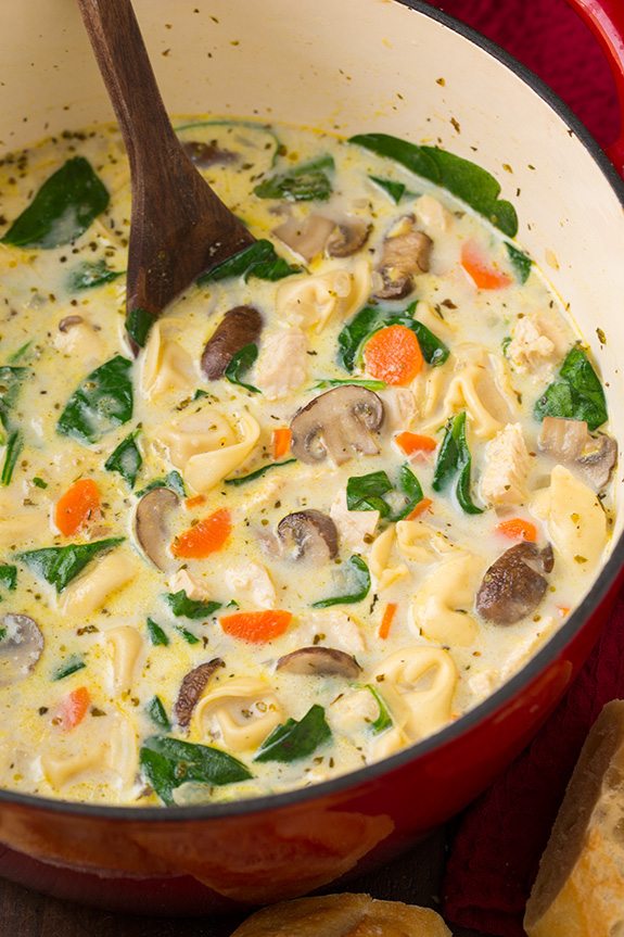 Creamy Chicken, Spinach and Mushroom Tortellini Soup | Cooking Classy