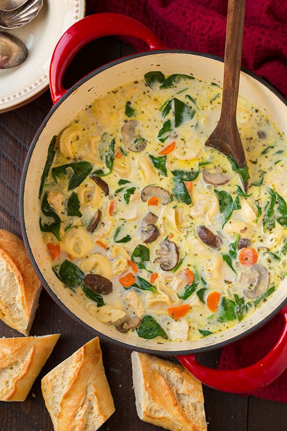 Creamy Chicken, Spinach and Mushroom Tortellini Soup | Cooking Classy