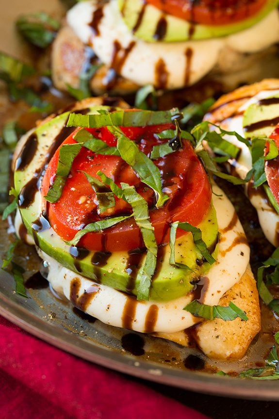 Avocado Caprese Skillet Chicken | Cooking Classy Caprese Chicken Breasts topped with mozzarella, avocado, tomato and fresh basil